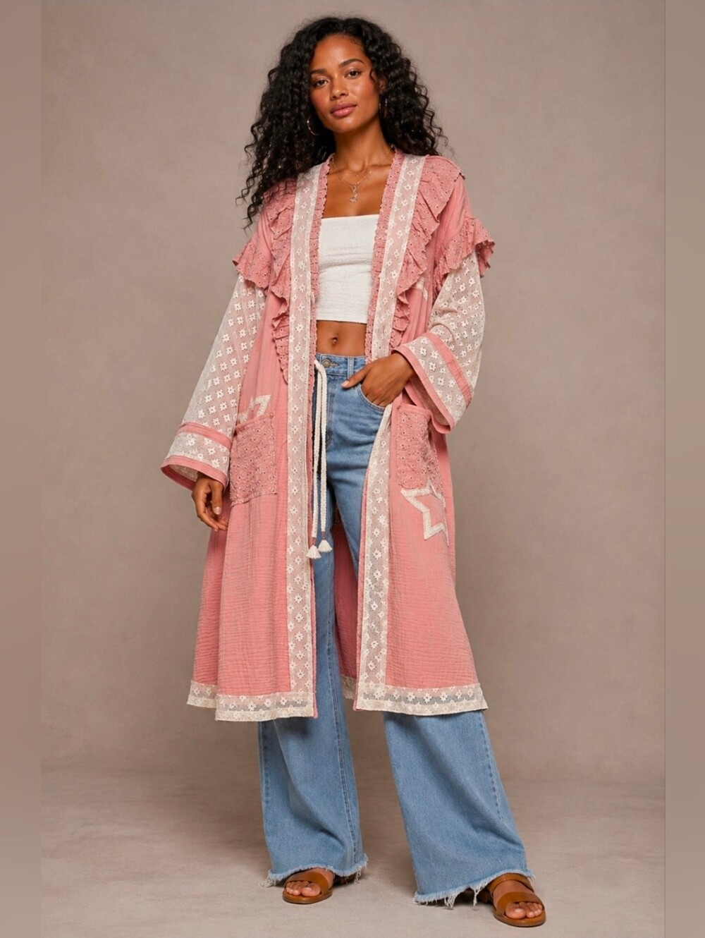NEW!!! POL Woven Pink Ruffled Duster with Lace Trim, NWT